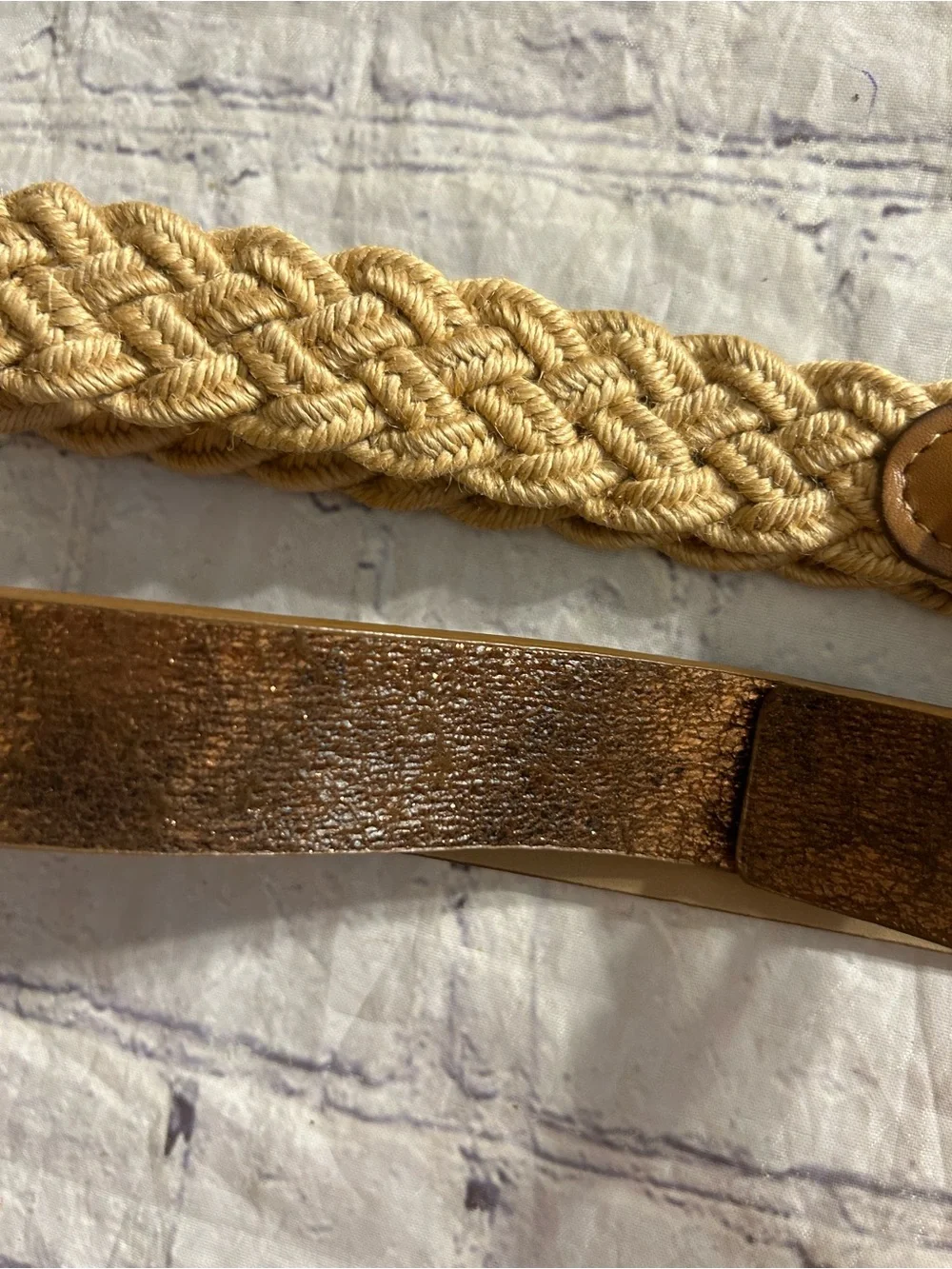 NINE WEST METALLIC COPPER BRONZE VEGAN & VTG BROWN WITH NATURAL WOVEN BELTS